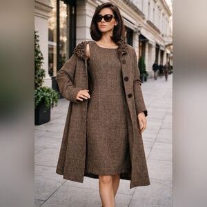 NWT JULIAN TAYLOR Posh Brown Tweed 2 Piece Set Dress and Coat Jacket 6